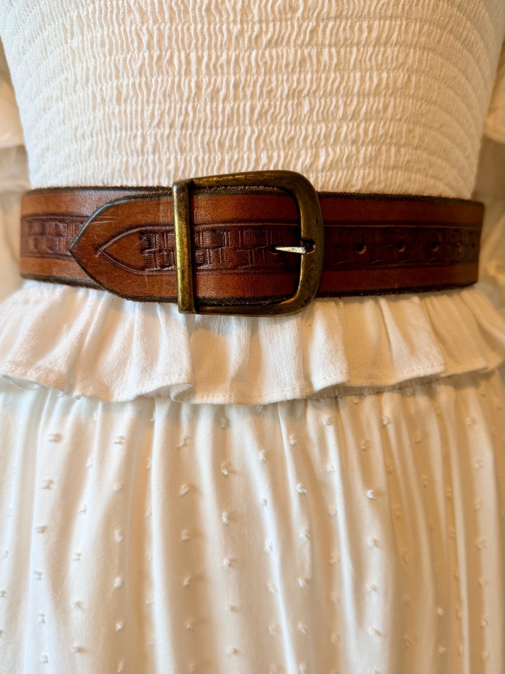 Women's Tan Leather Belt with Antique Brass Buckle